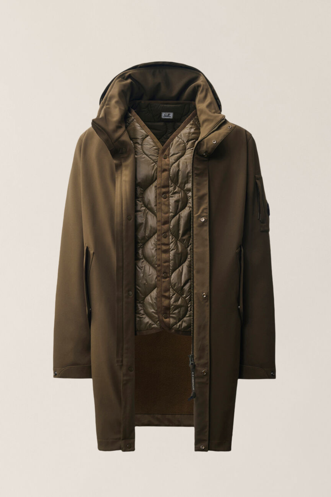 Parka lungo verde in CP Shell con liner